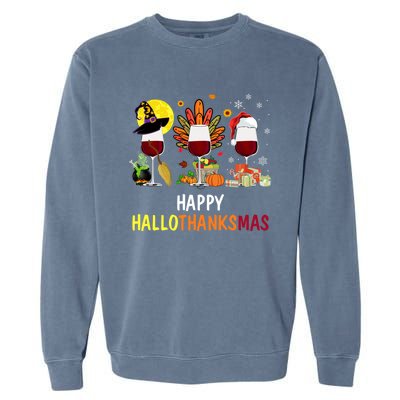 Happy Hallothanksmas Wine Glasses Witch Santa Hat Turkey Gift Garment-Dyed Sweatshirt