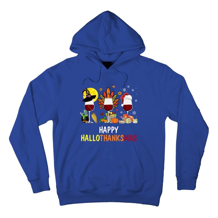 Happy Hallothanksmas Wine Glasses Witch Santa Hat Turkey Gift Hoodie