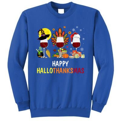 Happy Hallothanksmas Wine Glasses Witch Santa Hat Turkey Gift Sweatshirt