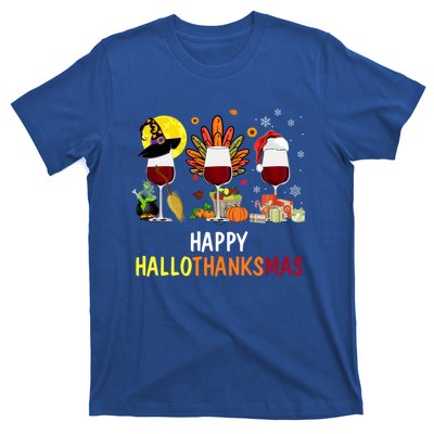 Happy Hallothanksmas Wine Glasses Witch Santa Hat Turkey Gift T-Shirt