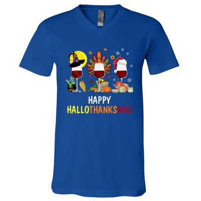 Happy Hallothanksmas Wine Glasses Witch Santa Hat Turkey Gift V-Neck T-Shirt