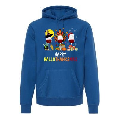 Happy Hallothanksmas Wine Glasses Witch Santa Hat Turkey Gift Premium Hoodie