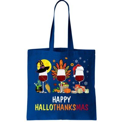 Happy Hallothanksmas Wine Glasses Witch Santa Hat Turkey Gift Tote Bag