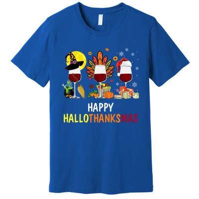 Happy Hallothanksmas Wine Glasses Witch Santa Hat Turkey Gift Premium T-Shirt