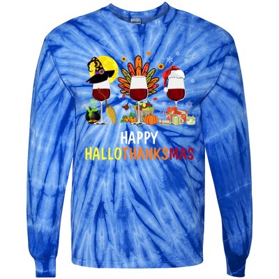 Happy Hallothanksmas Wine Glasses Witch Santa Hat Turkey Gift Tie-Dye Long Sleeve Shirt