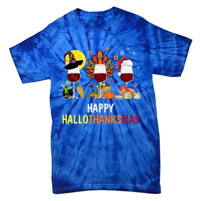 Happy Hallothanksmas Wine Glasses Witch Santa Hat Turkey Gift Tie-Dye T-Shirt