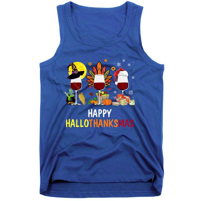 Happy Hallothanksmas Wine Glasses Witch Santa Hat Turkey Gift Tank Top