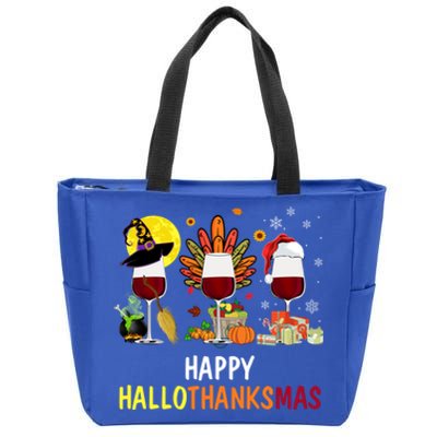 Happy Hallothanksmas Wine Glasses Witch Santa Hat Turkey Gift Zip Tote Bag