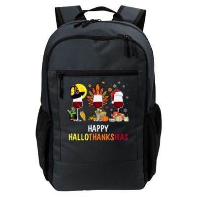 Happy Hallothanksmas Wine Glasses Witch Santa Hat Turkey Gift Daily Commute Backpack