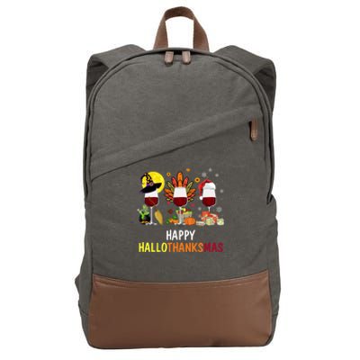 Happy Hallothanksmas Wine Glasses Witch Santa Hat Turkey Gift Cotton Canvas Backpack