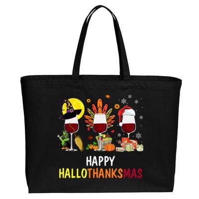 Happy Hallothanksmas Wine Glasses Witch Santa Hat Turkey Gift Cotton Canvas Jumbo Tote