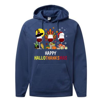 Happy Hallothanksmas Wine Glasses Witch Santa Hat Turkey Gift Performance Fleece Hoodie