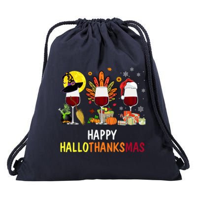 Happy Hallothanksmas Wine Glasses Witch Santa Hat Turkey Gift Drawstring Bag