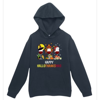 Happy Hallothanksmas Wine Glasses Witch Santa Hat Turkey Gift Urban Pullover Hoodie