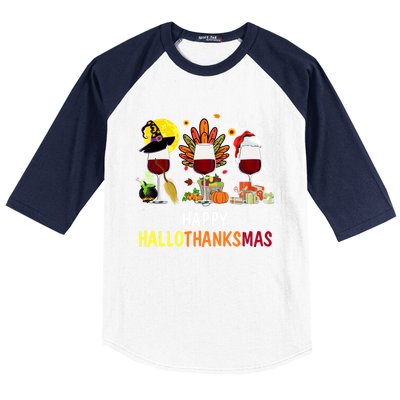 Happy Hallothanksmas Wine Glasses Witch Santa Hat Turkey Gift Baseball Sleeve Shirt