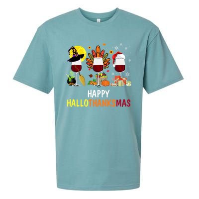 Happy Hallothanksmas Wine Glasses Witch Santa Hat Turkey Gift Sueded Cloud Jersey T-Shirt