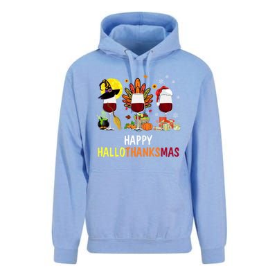 Happy Hallothanksmas Wine Glasses Witch Santa Hat Turkey Gift Unisex Surf Hoodie