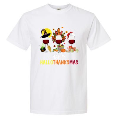 Happy Hallothanksmas Wine Glasses Witch Santa Hat Turkey Gift Garment-Dyed Heavyweight T-Shirt