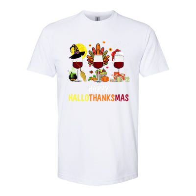 Happy Hallothanksmas Wine Glasses Witch Santa Hat Turkey Gift Softstyle CVC T-Shirt