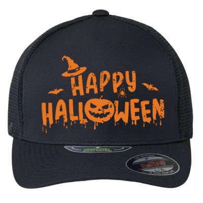 Happy Halloween With Scary Pumpkin Face And Witch Hat Flexfit Unipanel Trucker Cap