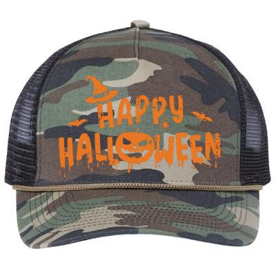 Happy Halloween With Scary Pumpkin Face And Witch Hat Retro Rope Trucker Hat Cap