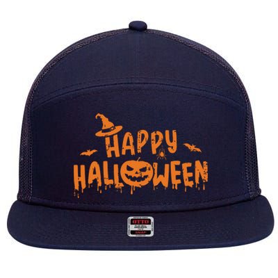 Happy Halloween With Scary Pumpkin Face And Witch Hat 7 Panel Mesh Trucker Snapback Hat