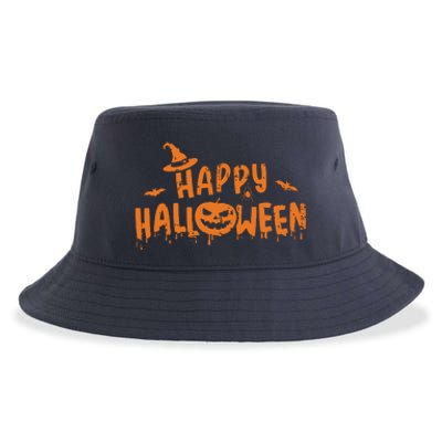 Happy Halloween With Scary Pumpkin Face And Witch Hat Sustainable Bucket Hat