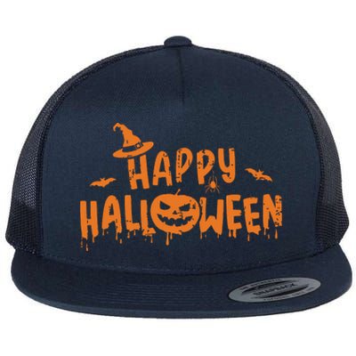 Happy Halloween With Scary Pumpkin Face And Witch Hat Flat Bill Trucker Hat