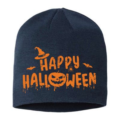 Happy Halloween With Scary Pumpkin Face And Witch Hat Sustainable Beanie