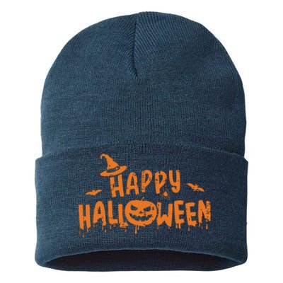 Happy Halloween With Scary Pumpkin Face And Witch Hat Sustainable Knit Beanie