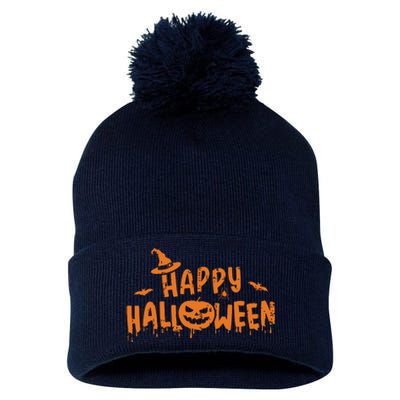 Happy Halloween With Scary Pumpkin Face And Witch Hat Pom Pom 12in Knit Beanie