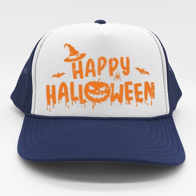 Happy Halloween With Scary Pumpkin Face And Witch Hat Trucker Hat