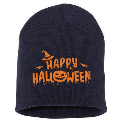 Happy Halloween With Scary Pumpkin Face And Witch Hat Short Acrylic Beanie