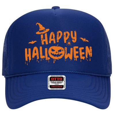 Happy Halloween With Scary Pumpkin Face And Witch Hat High Crown Mesh Back Trucker Hat