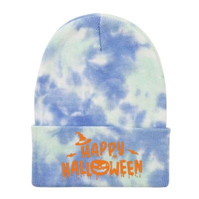 Happy Halloween With Scary Pumpkin Face And Witch Hat Tie Dye 12in Knit Beanie