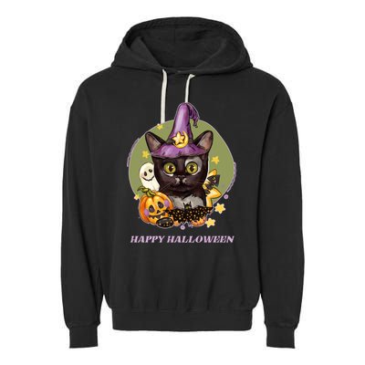 Happy Halloween Witchy Kitty Design Garment-Dyed Fleece Hoodie