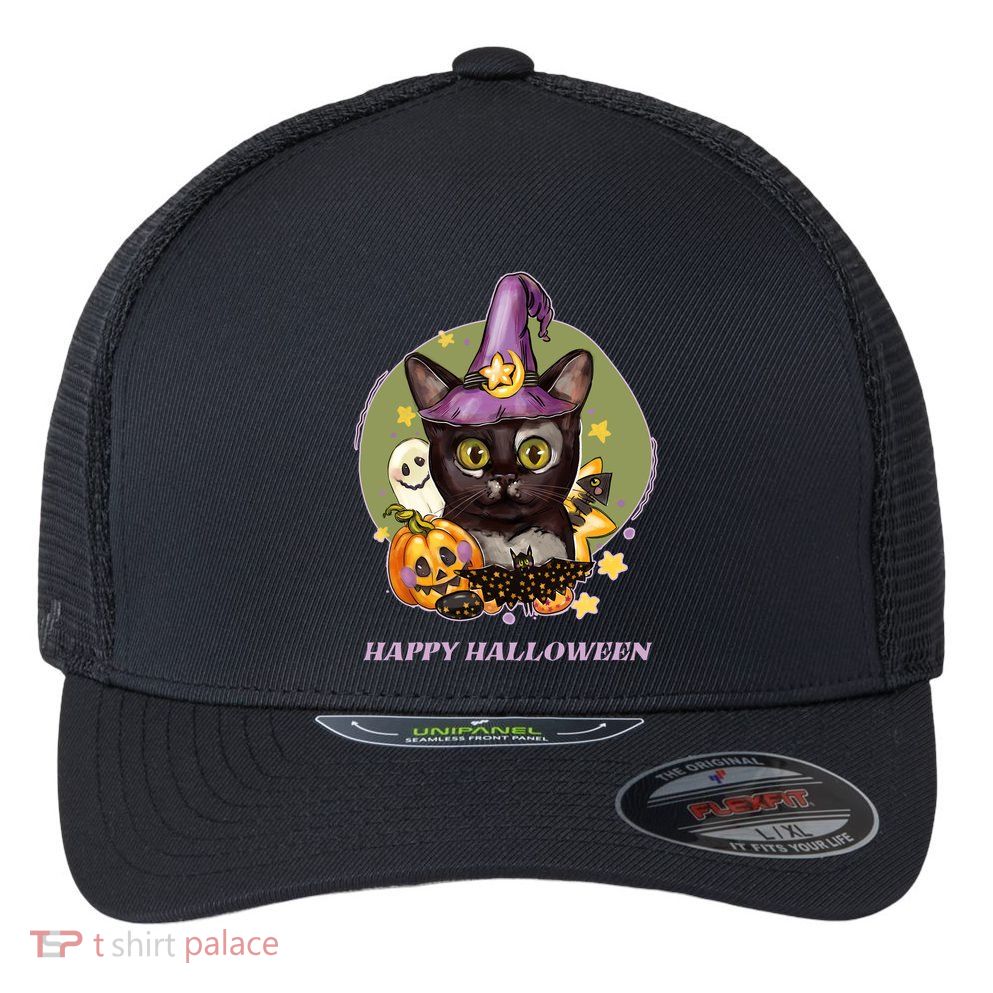 Happy Halloween Witchy Kitty Design Flexfit Unipanel Trucker Cap