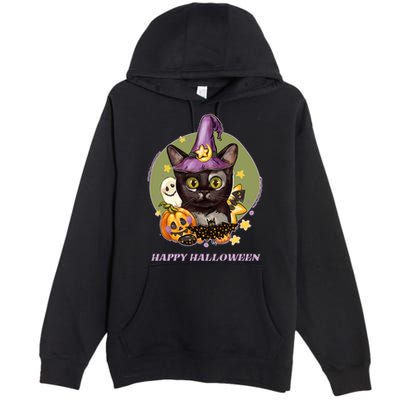 Happy Halloween Witchy Kitty Design Premium Pullover Hoodie