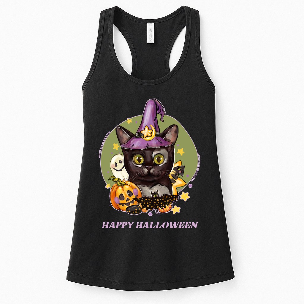 Happy Halloween Witchy Kitty Design Womens Tank Top
