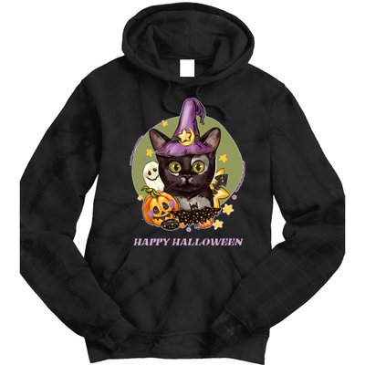 Happy Halloween Witchy Kitty Design Tie Dye Hoodie