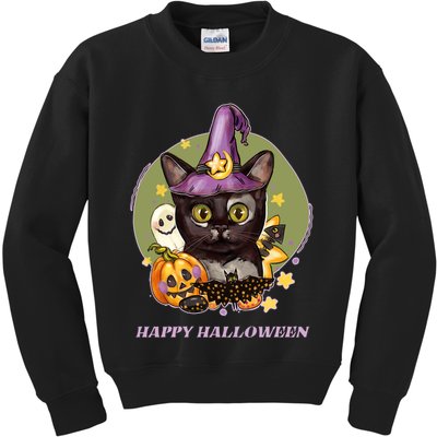Happy Halloween Witchy Kitty Design Kids Sweatshirt