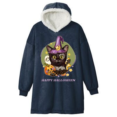 Happy Halloween Witchy Kitty Design Hooded Wearable Blanket