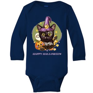 Happy Halloween Witchy Kitty Design Baby Long Sleeve Bodysuit