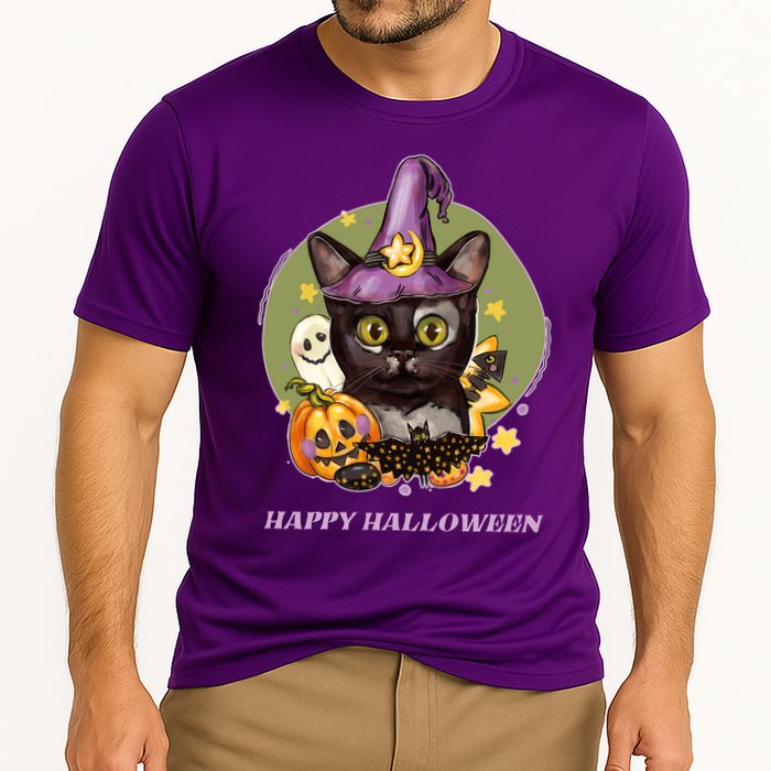 Happy Halloween Witchy Kitty Design Cooling Performance Crew T-Shirt