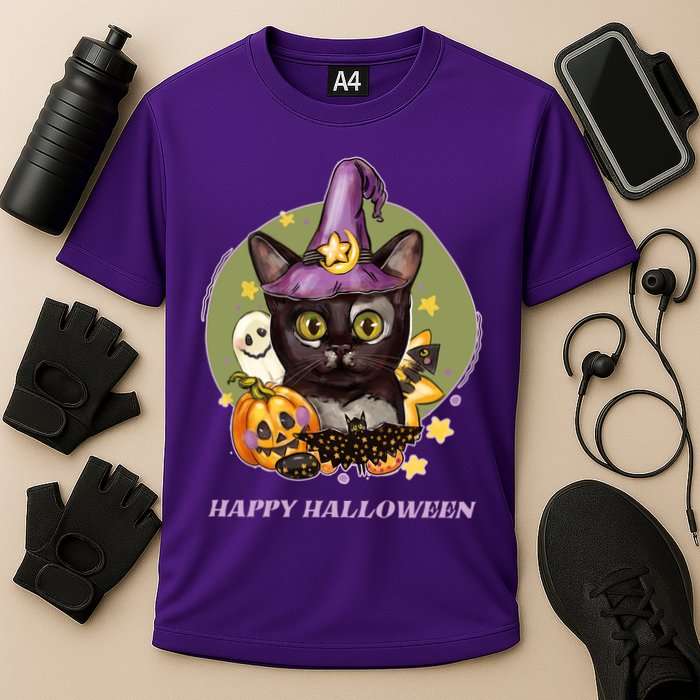 Happy Halloween Witchy Kitty Design Cooling Performance Crew T-Shirt