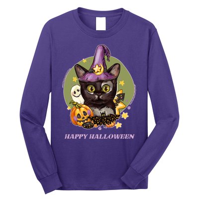 Happy Halloween Witchy Kitty Design Long Sleeve Shirt