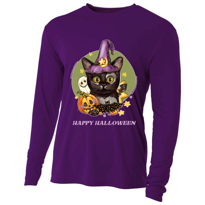 Happy Halloween Witchy Kitty Design Cooling Performance Long Sleeve Crew