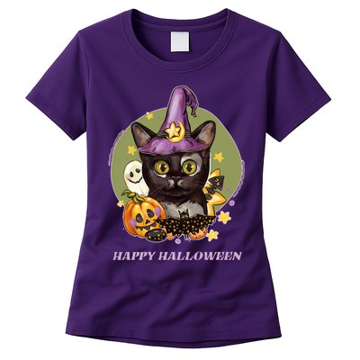 Happy Halloween Witchy Kitty Design Womens T-Shirt