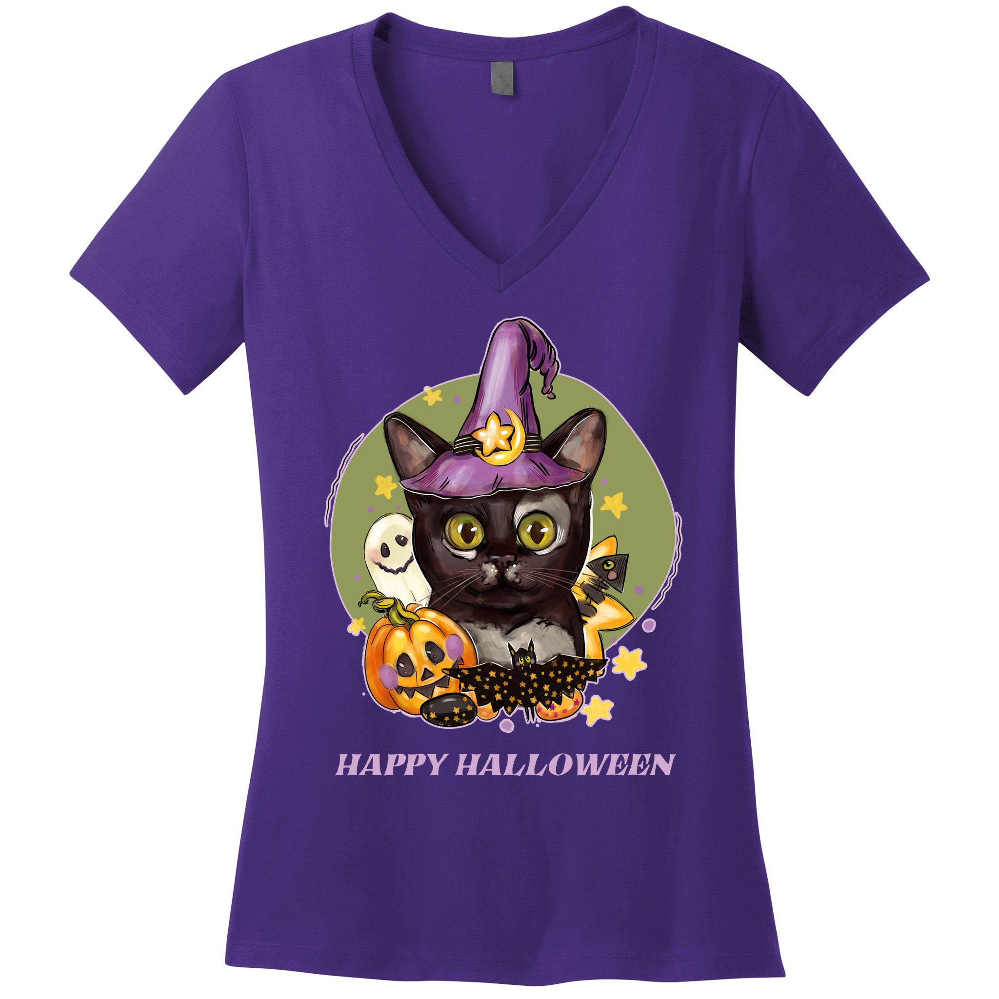 Happy Halloween Witchy Kitty Design Women's V-Neck T-Shirt
