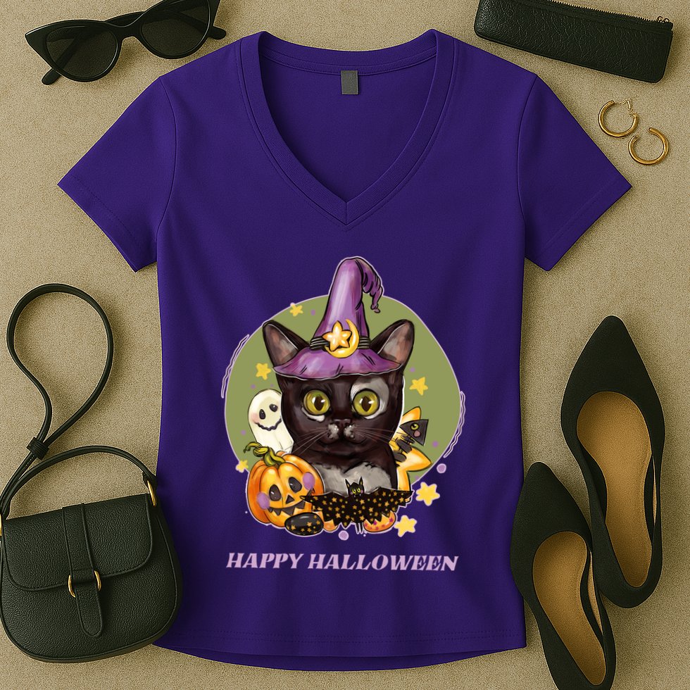 Happy Halloween Witchy Kitty Design Women's V-Neck T-Shirt
